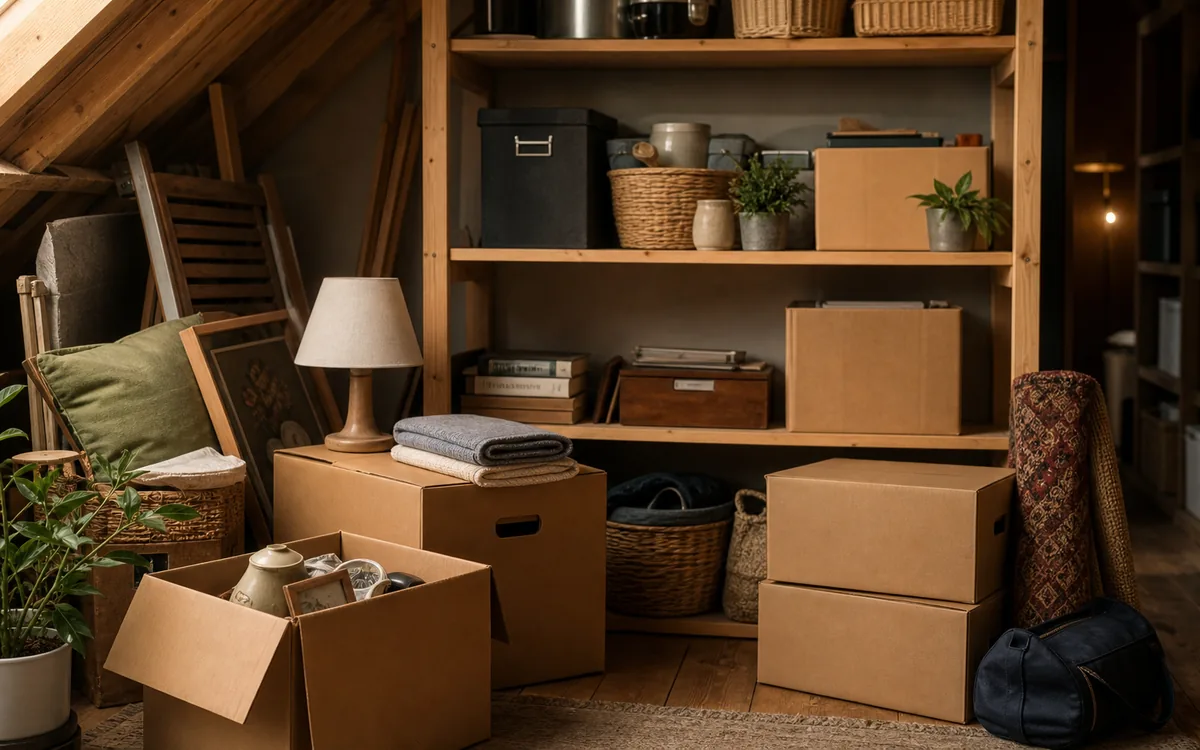 Aufgeräumter Dachboden mit Kartons, Lampe und Haushaltsgegenständen
