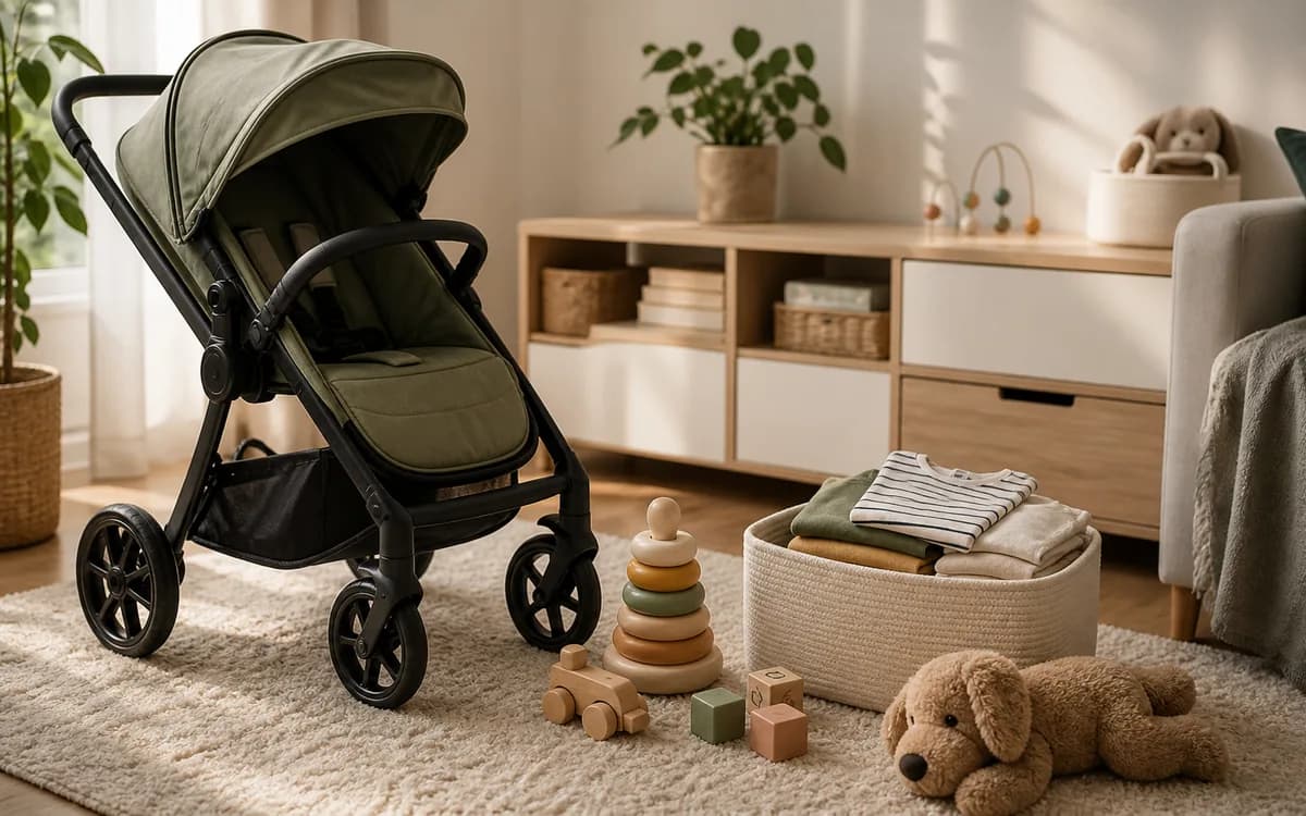 Kinderwagen, Spielzeug und Haushaltsartikel bereit zum Verkauf